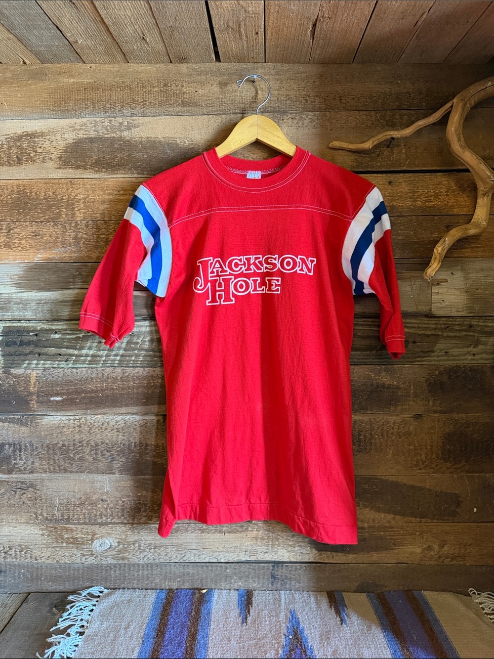 Jackson Hole Red Short-Sleeve Tee with Blue & White Sleeve Stripes